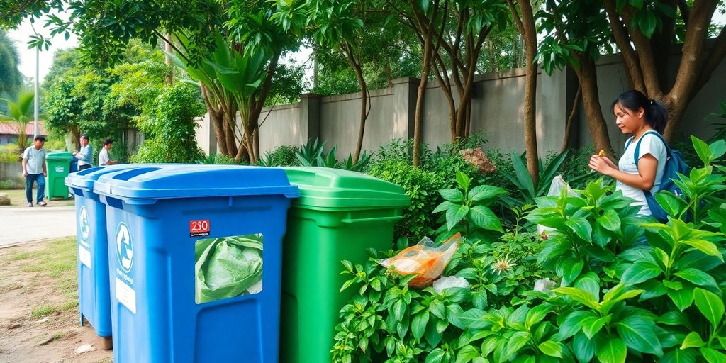 Lingkungan bersih dengan tempat sampah daur ulang.